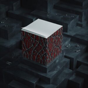 Cube posé sur un carnet ou journal, côté épines visible