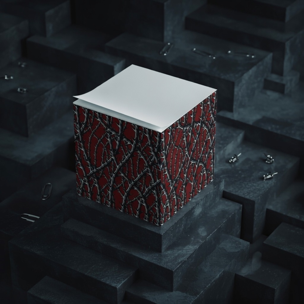 Cube posé sur un carnet ou journal, côté épines visible