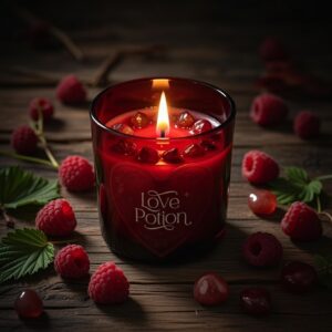 Bougie 'Love Potion' dans une ambiance gothique romantique, posée sur du bois sombre et entourée de framboises fraîches et de pierres de jaspe rouge pour illustrer sa composition.